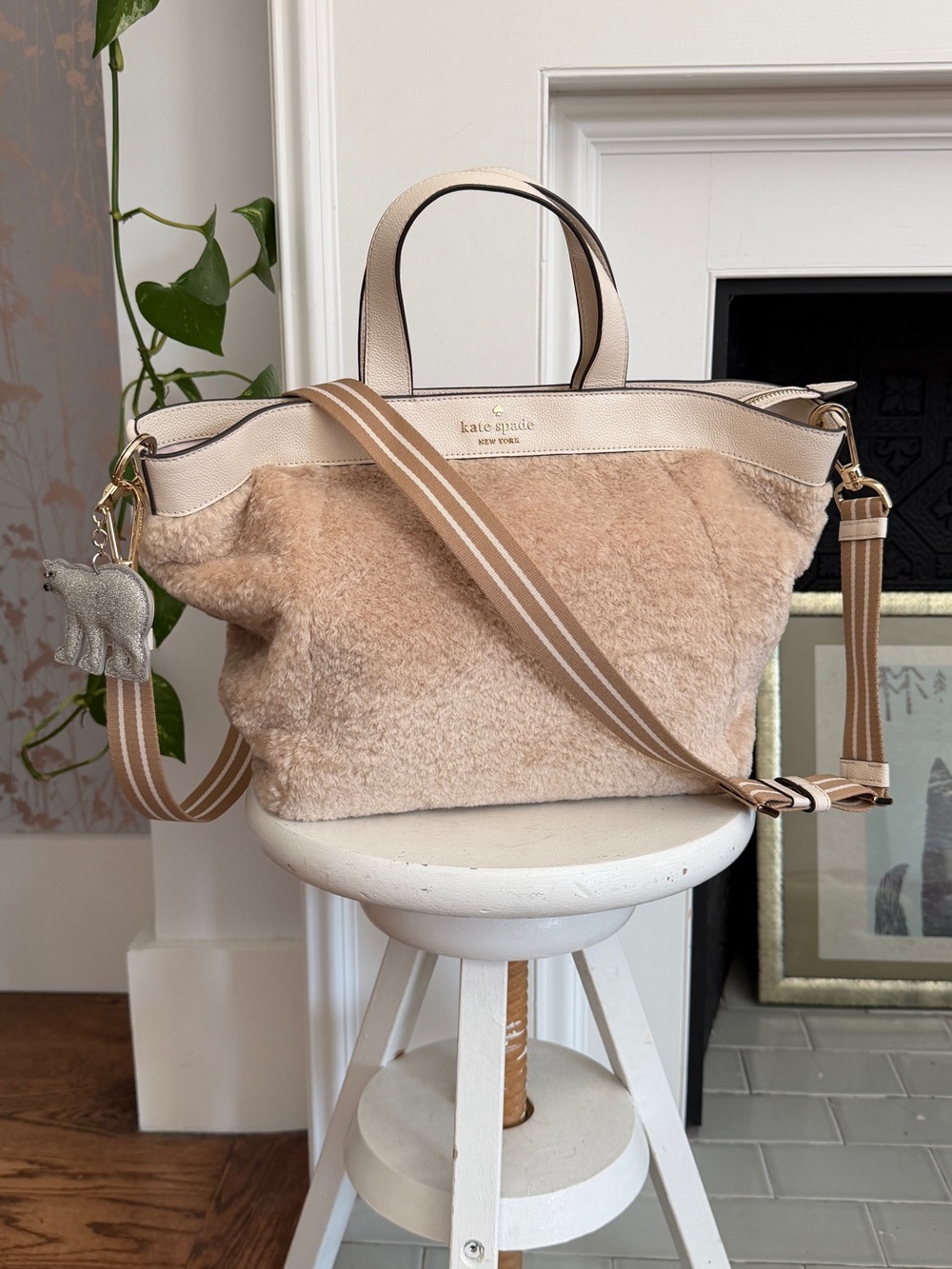 kate spade Beige Shearling Tote with Striped Strap